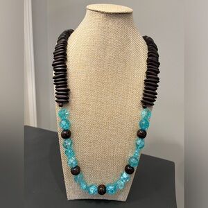 Dark Brown Wooden & Aqua Blue Acrylic Beaded Necklace